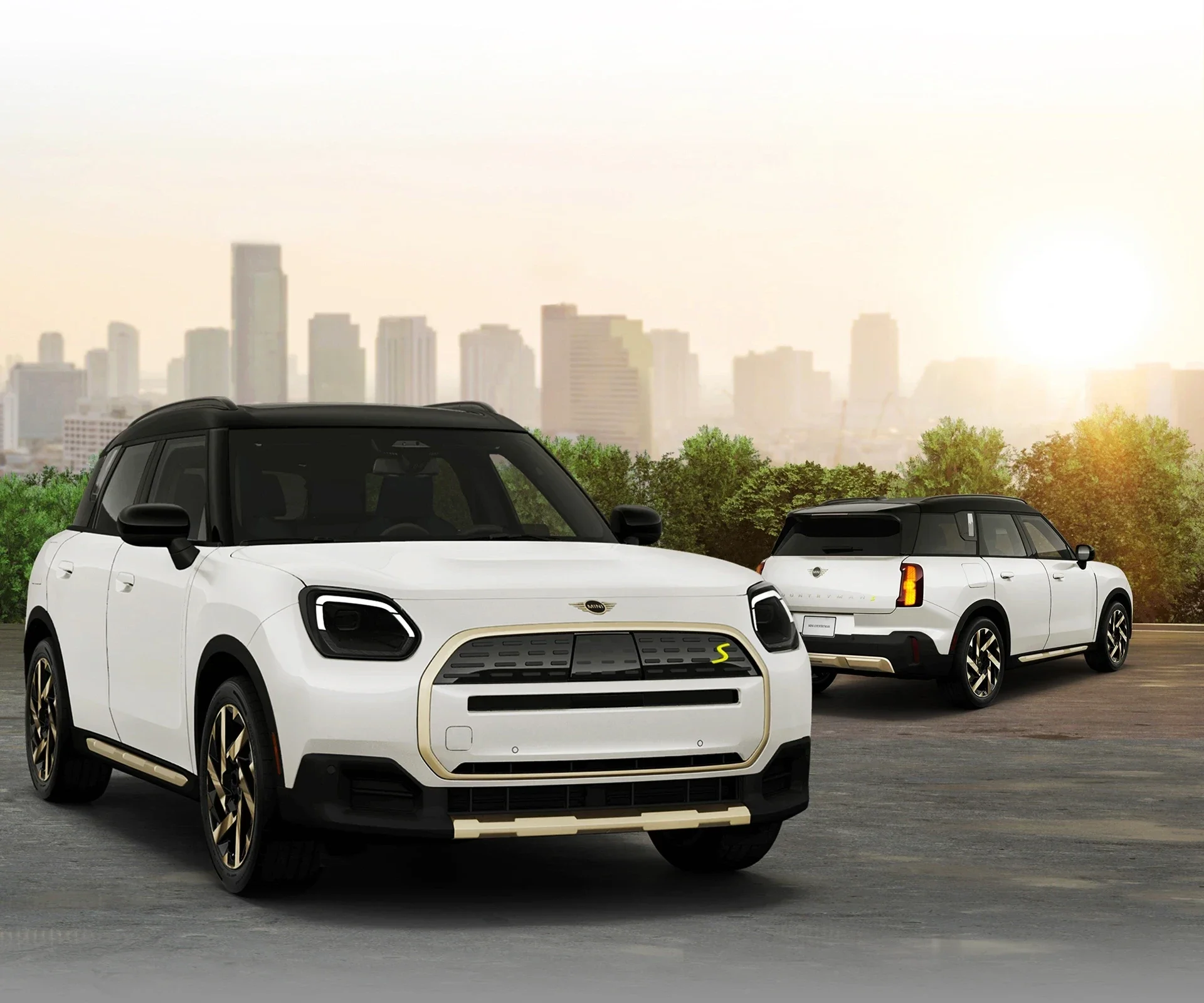 Two angles of the MINI Countryman SE ALL4 against a city skyline backdrop.