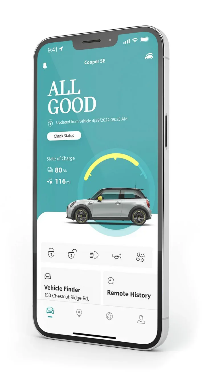 Smartphone with MINI App vehicle status information on its screen. | Flow MINI in Winston-Salem NC